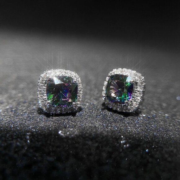 Square Colorful Micro Pave Zircon Stud Earrings for Women, EVGG1032 - Picture 9 of 10